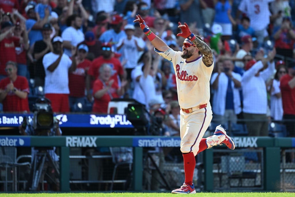 Aug 23, 2026; Philadelphia, Pennsylvania, USA; Philadelphia Phillies designated hitter Kyle Schwarber (12) celebrates his walk-off two-run home run during the ninth inning against the St. Louis Cardinals at Citizens Bank Park.