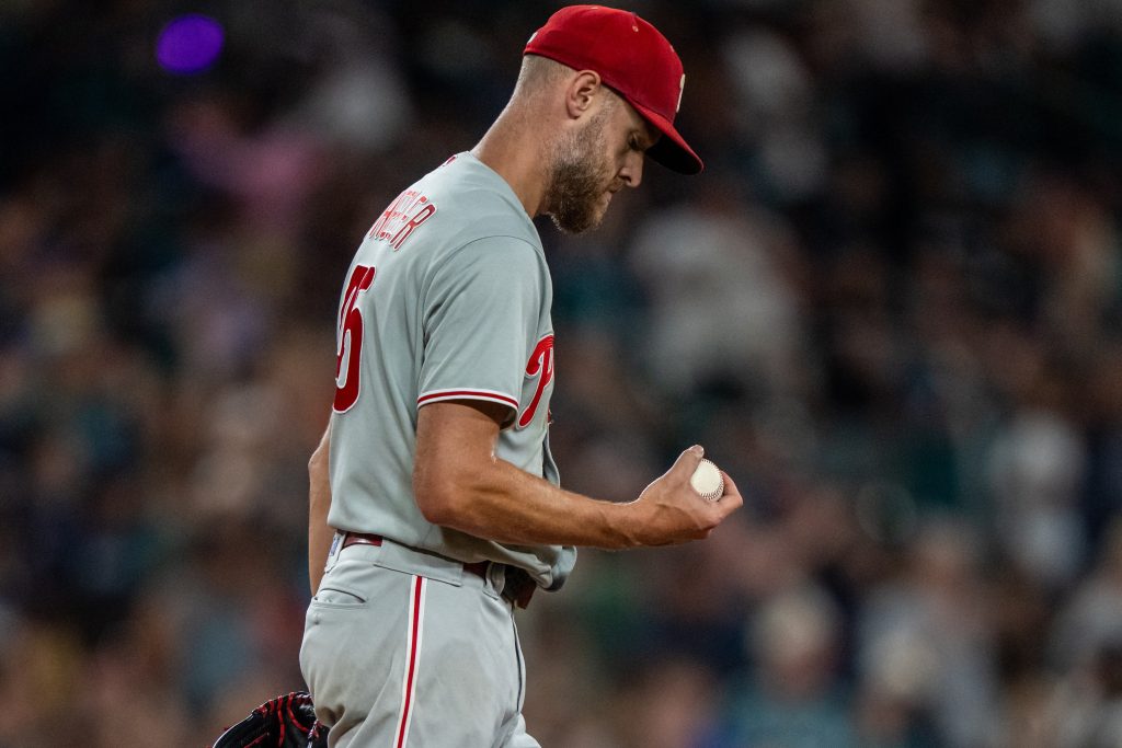 Aug 24, 2026; Seattle, Washington, USA; Philadelphia Phillies starting pitcher Zack Wheeler (45) reacts after giving up a home run during the fifth inning against the Seattle Mariners at T-Mobile Park.
