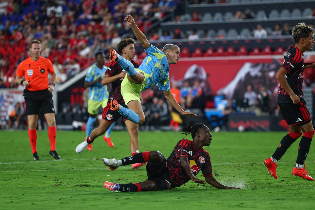 Aug 29, 2026; Harrison, New Jersey, USA; Philadelphia Union midfielder Cavan Sullivan (6) score a goal against the New York Red Bulls during the second half at Sports Illustrated Stadium.