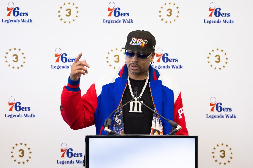 Apr 12, 2024; Camden, NJ, USA; Philadelphia 76ers great Allen Iverson speaks at the podium during the unveiling of a statue honoring him in a ceremony at Penn Medicine Philadelphia 76ers Training Complex.