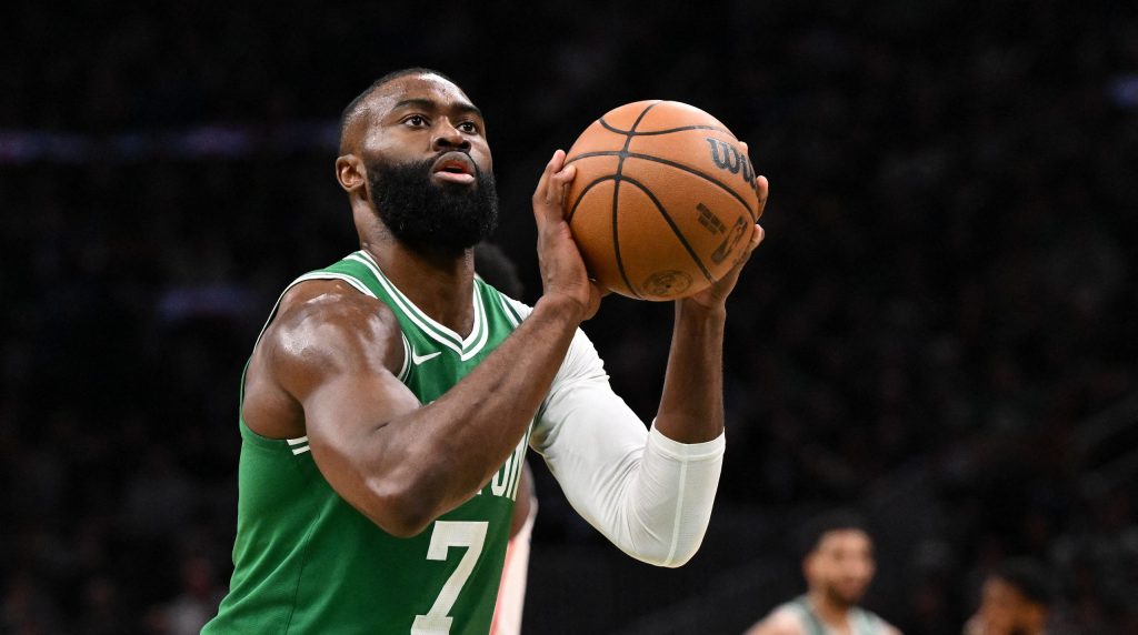 Apr 21, 2026; Boston, Massachusetts, USA; Boston Celtics guard Jaylen Brown (7) attempts a free throw against the Philadelphia 76ers in the second half of a game two of the first round of the 2026 NBA Playoffs at TD Garden.