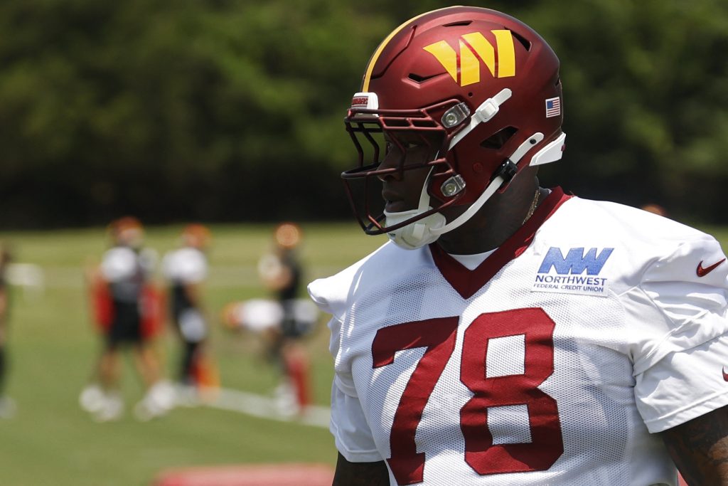 Jun 10, 2025; Ashburn, VA, USA; Washington Commanders offensive tackle Laremy Tunsil (78) stands on the field on day one of minicamp at Commanders Park.