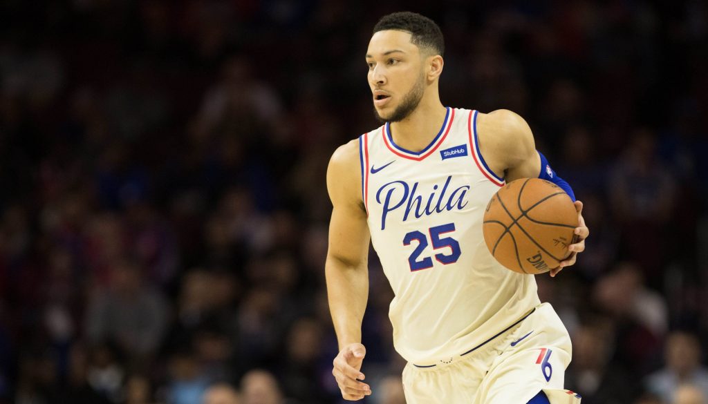 Apr 8, 2018; Philadelphia, PA, USA; Philadelphia 76ers guard Ben Simmons (25) dribbles against the Dallas Mavericks at Wells Fargo Center.