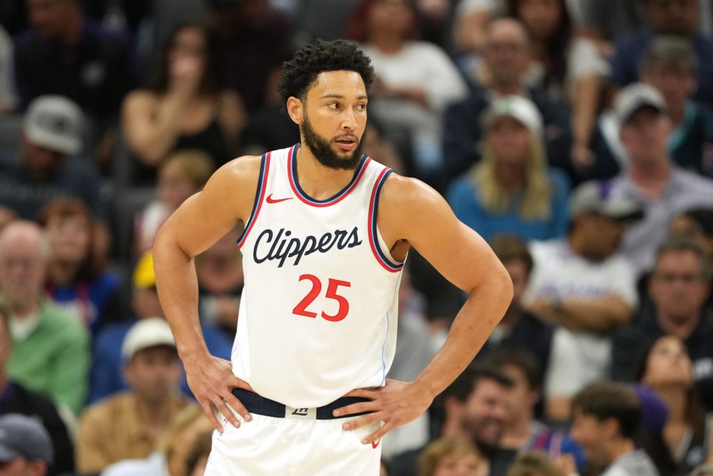 Apr 11, 2025; Sacramento, California, USA; Los Angeles Clippers guard Ben Simmons (25) during the third quarter against the Sacramento Kings at Golden 1 Center.