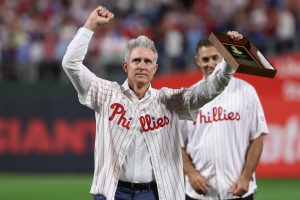 Aug 7, 2026; Philadelphia, Pennsylvania, USA; Philadelphia Phillies Chase Utley waves to fans during a ceremony to induct him into the teams Wall of Fame before a game against the Toronto Blue Jays at Citizens Bank Park.