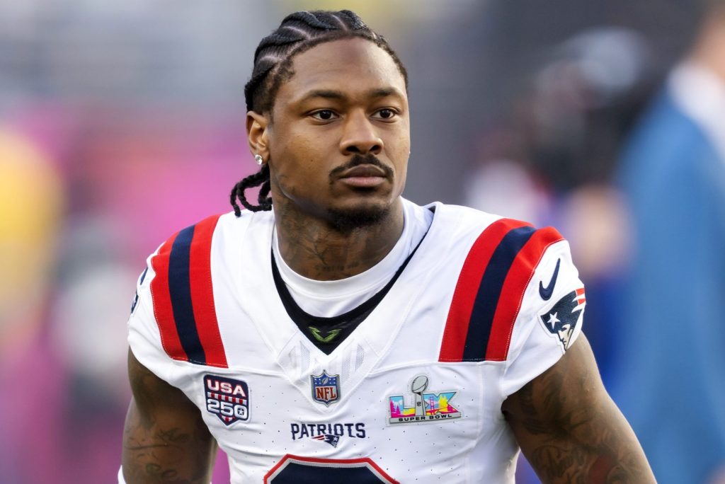 Feb 8, 2026; Santa Clara, CA, USA; New England Patriots wide receiver Stefon Diggs (8) against the Seattle Seahawks during Super Bowl LX at Levi's Stadium.