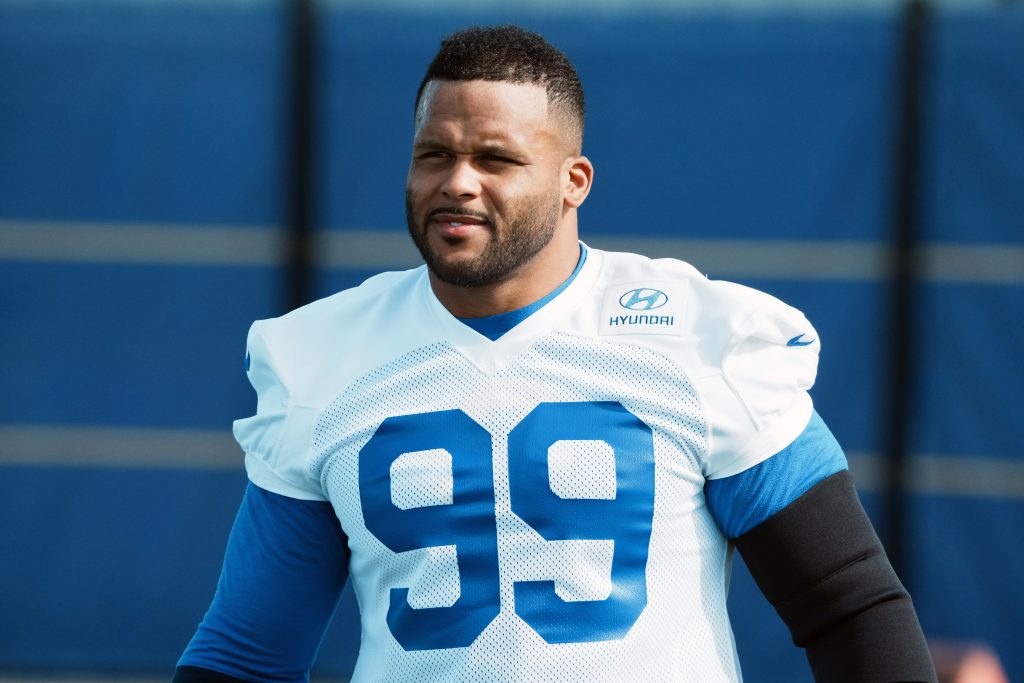 Aug 30, 2026; Woodland Hills, CA, USA; Los Angeles Rams defensive end Aaron Donald (99) at practice at the Rams Practice Facility.