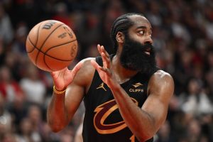 Apr 26, 2026; Toronto, Ontario, CAN; Cleveland Cavaliers guard James Harden (1) looks away while making a pass against the Toronto Raptors during game four of the first round of the 2026 NBA Playoffs at Scotiabank Arena.