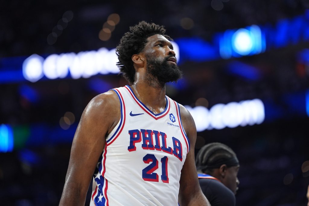 May 10, 2026; Philadelphia, Pennsylvania, USA; Philadelphia 76ers center Joel Embiid (21) looks on against the New York Knicks in the second quarter during game four of the second round of the 2026 NBA Playoffs at Xfinity Mobile Arena.