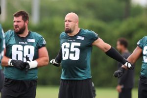Jun 10, 2026; Philadelphia, PA, USA; Philadelphia Eagles offensive tackle Lane Johnson (65) stretches during minicamp at Jefferson Health Training Complex.