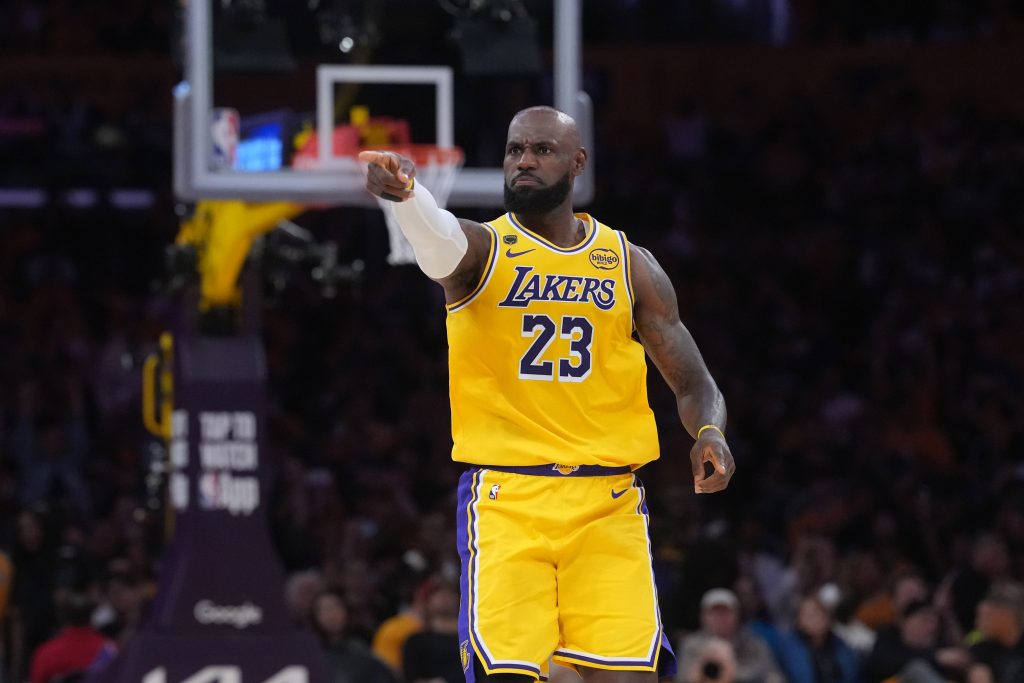 Apr 18, 2026; Los Angeles, California, USA; Los Angeles Lakers forward LeBron James (23) gestures against the Houston Rockets in the first half during game one of the first round of the 2026 NBA Playoffs at Crypto.com Arena.