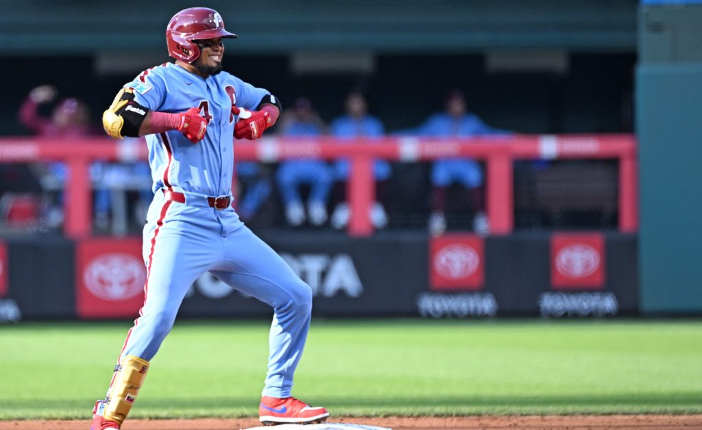 Aug 6, 2026; Philadelphia, Pennsylvania, USA; Philadelphia Phillies second baseman Luis Arraez (4) celebrates his RBI double during the first inning against the Washington Nationals at Citizens Bank Park.