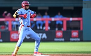 Aug 6, 2026; Philadelphia, Pennsylvania, USA; Philadelphia Phillies second baseman Luis Arraez (4) celebrates his RBI double during the first inning against the Washington Nationals at Citizens Bank Park.