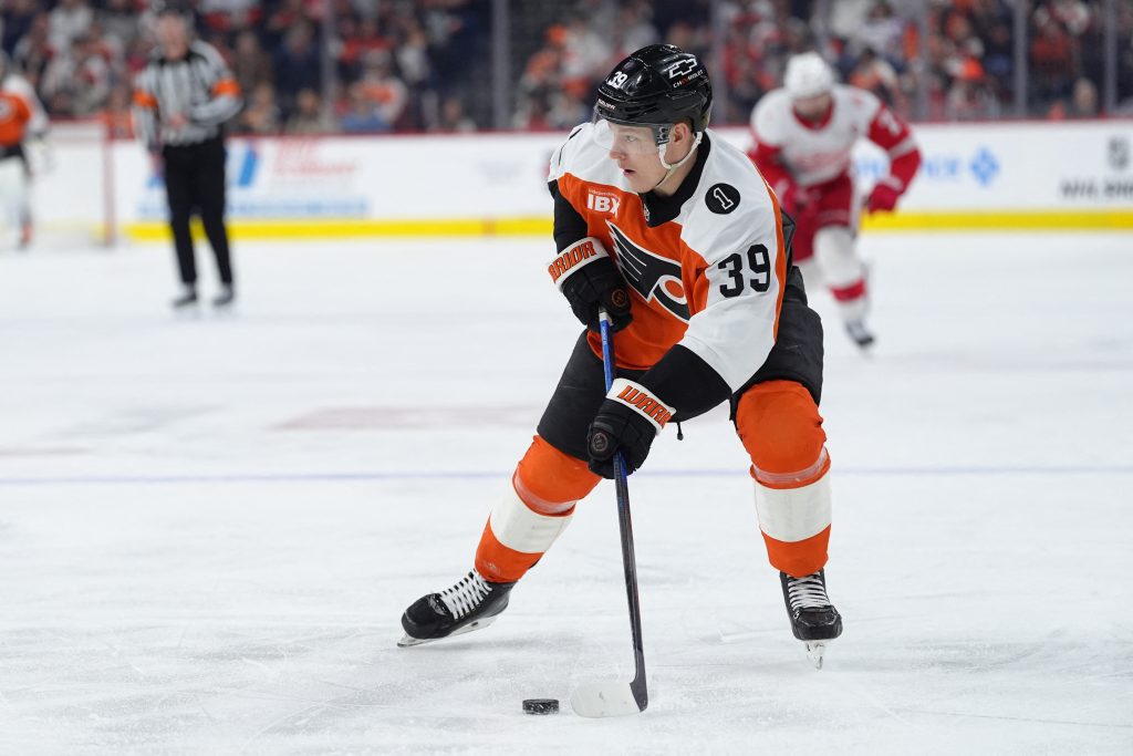 Apr 2, 2026; Philadelphia, Pennsylvania, USA; Philadelphia Flyers right wing Matvei Michkov (39) controls the puck against the Detroit Red Wings in the third period at Xfinity Mobile Arena.