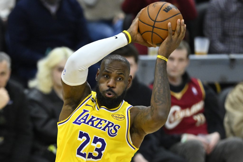 Jan 28, 2026; Cleveland, Ohio, USA; Los Angeles Lakers forward LeBron James (23) looks to pass in the fourth quarter against the Cleveland Cavaliers at Rocket Arena.