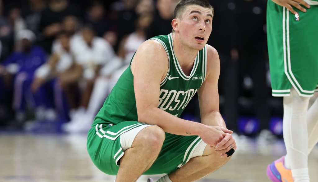 Apr 30, 2026; Philadelphia, Pennsylvania, USA; Boston Celtics guard Payton Pritchard (11) looks on during the fourth quarter against the Philadelphia 76ers at Xfinity Mobile Arena.