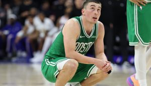 Apr 30, 2026; Philadelphia, Pennsylvania, USA; Boston Celtics guard Payton Pritchard (11) looks on during the fourth quarter against the Philadelphia 76ers at Xfinity Mobile Arena.