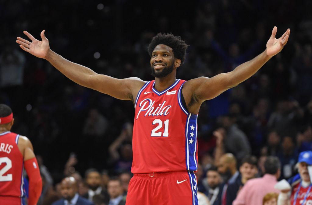 Nov 23, 2019; Philadelphia, PA, USA; Philadelphia 76ers center Joel Embiid (21) against the Miami Heat at Wells Fargo Center