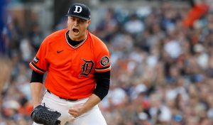 Jul 24, 2026; Detroit, Michigan, USA; Detroit Tigers pitcher Tarik Skubal (29) celebrates after the third inning against the Kansas City Royals at Comerica Park.