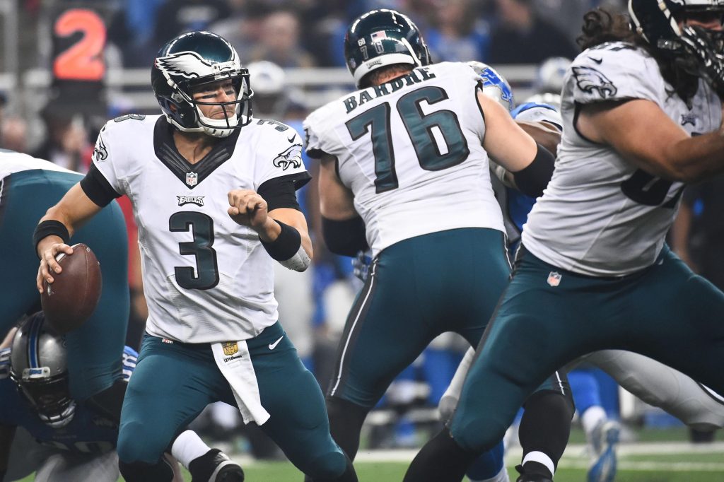 Nov 26, 2015; Detroit, MI, USA; Philadelphia Eagles quarterback Mark Sanchez (3) scrambles during the fourth quarter of a NFL game on Thanksgiving against the Detroit Lions at Ford Field. Detroit won 45-14.