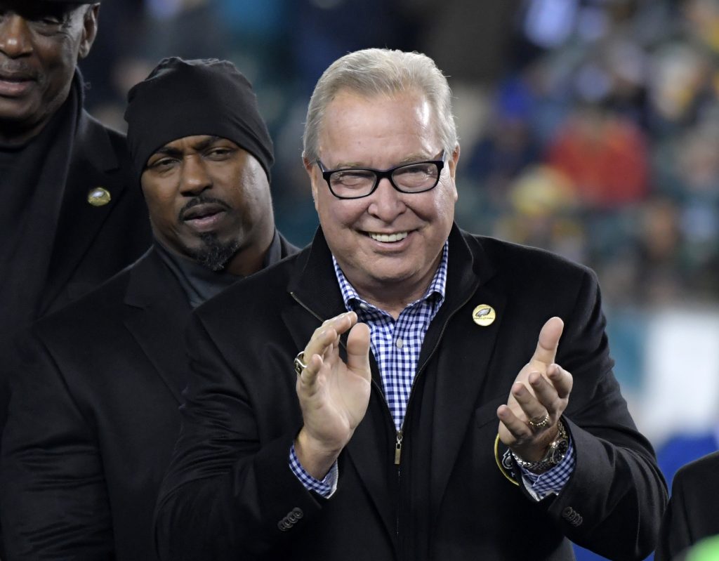 Nov 28, 2016; Philadelphia, PA, USA; Philadelphia Eagles former players Brian Dawkins (left) and Ron Jaworski attend a NFL football game against the Green Bay Packers at Lincoln Financial Field.