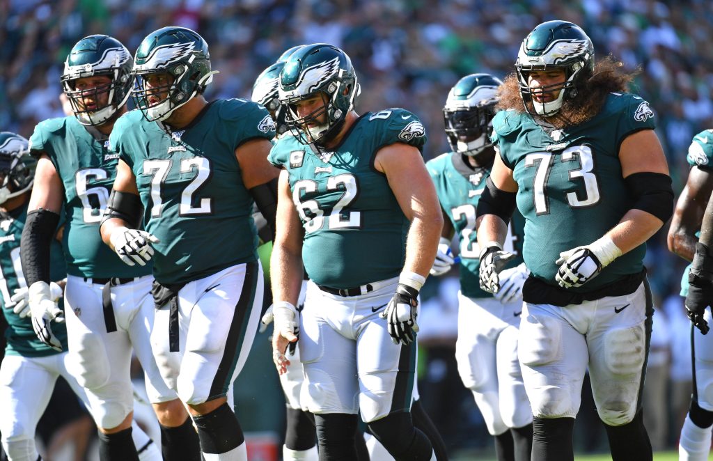 Sep 8, 2019; Philadelphia, PA, USA; Philadelphia Eagles offensive tackle Lane Johnson (65), offensive tackle Halapoulivaati Vaitai (72), center Jason Kelce (62) and offensive guard Isaac Seumalo (73) against the Washington Redskins at Lincoln Financial Field.