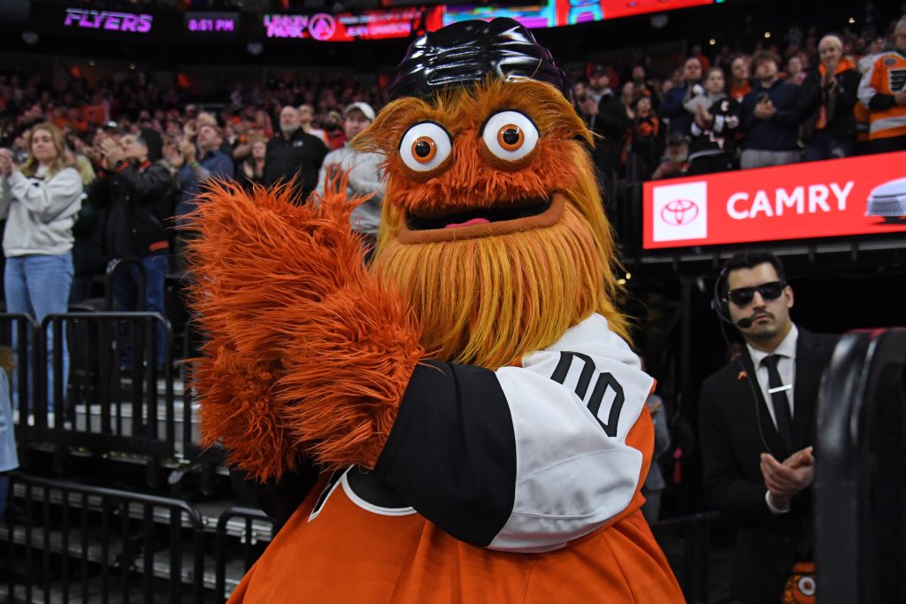 Jan 7, 2025; Philadelphia, Pennsylvania, USA; Philadelphia Flyers mascot Gritty against the Toronto Maple Leafs at Wells Fargo Center.
