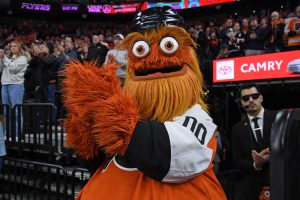 Jan 7, 2025; Philadelphia, Pennsylvania, USA; Philadelphia Flyers mascot Gritty against the Toronto Maple Leafs at Wells Fargo Center.
