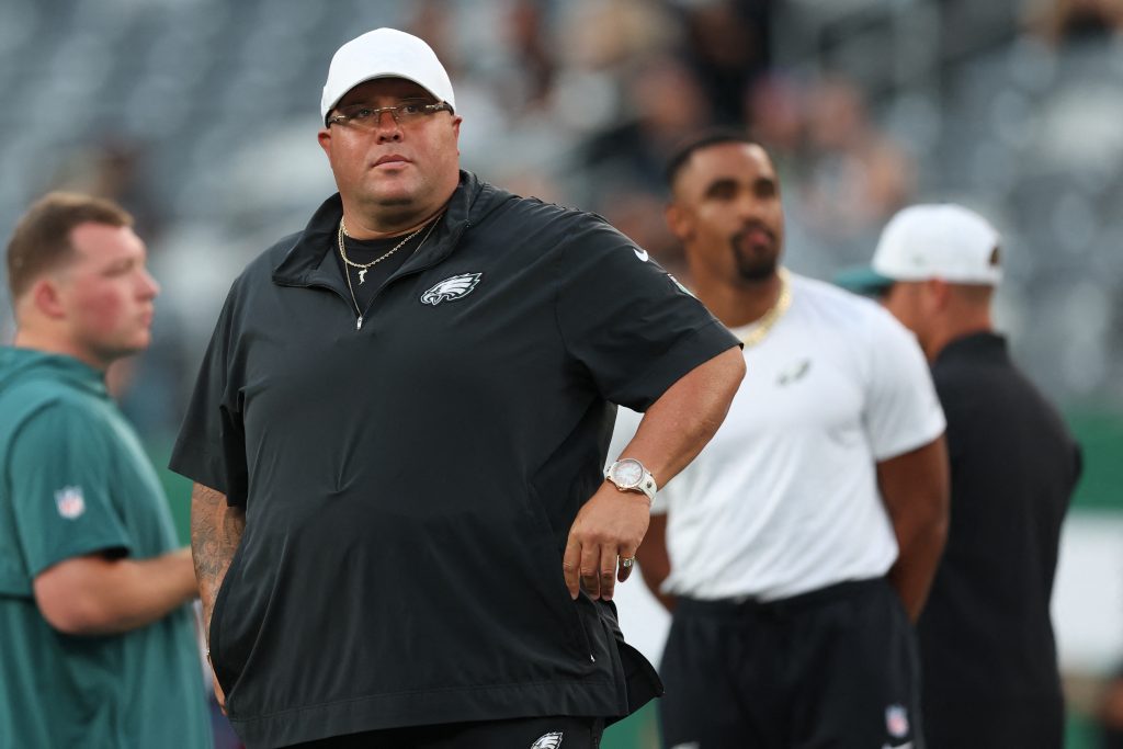 Aug 22, 2025; East Rutherford, New Jersey, USA; Philadelphia Eagles primary bodyguard, Big Dom DiSandro looks on during warm ups before the preseason game between the New York Jets and the Eagles at MetLife Stadium.