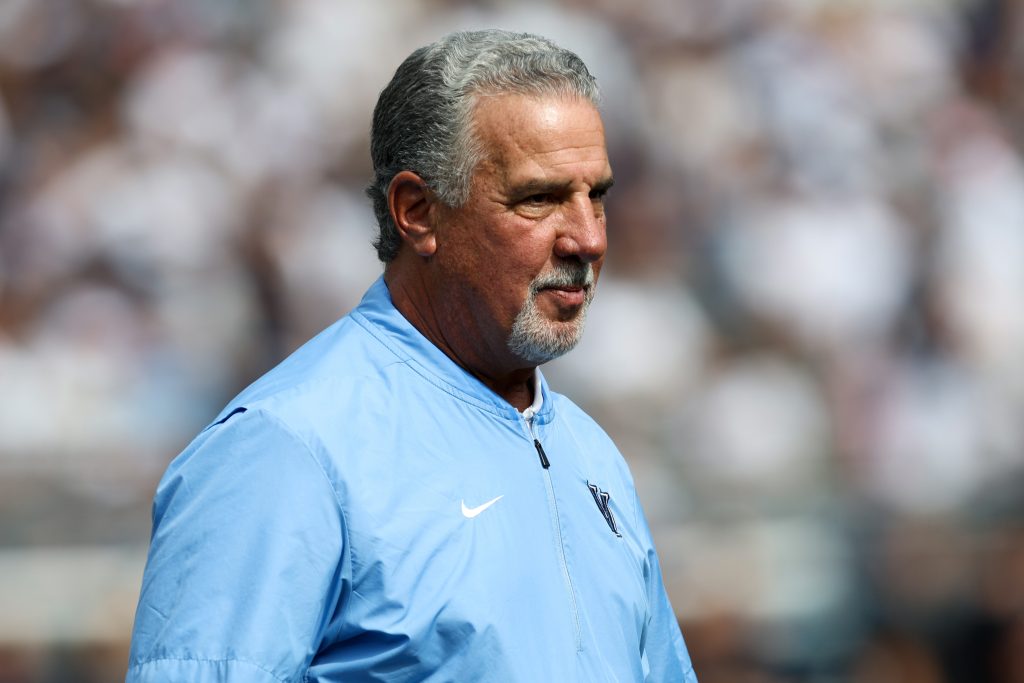 Sep 13, 2025; University Park, Pennsylvania, USA; Villanova Wildcats head coach Mark Ferrante walks on the field prior to the game against the Penn State Nittany Lions at Beaver Stadium.
