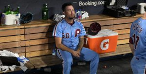 Oct 9, 2025; Los Angeles, California, USA; Philadelphia Phillies pitcher Orion Kerkering (50) in the dugout after the final out as they lost to the Los Angeles Dodgers in game four of the NLDS during the 2025 MLB playoffs at Dodger Stadium.
