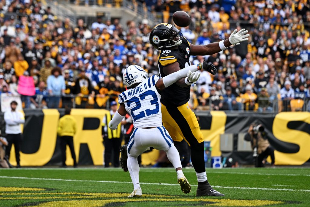 Nov 2, 2025; Pittsburgh, Pennsylvania, USA; Indianapolis Colts cornerback Kenny Moore II (23) breaks up a pass meant for Pittsburgh Steelers tight end Darnell Washington (80) during the first half at Acrisure Stadium.