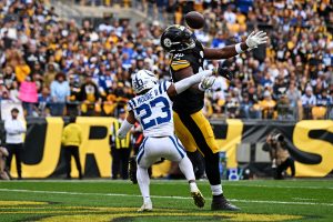Nov 2, 2025; Pittsburgh, Pennsylvania, USA; Indianapolis Colts cornerback Kenny Moore II (23) breaks up a pass meant for Pittsburgh Steelers tight end Darnell Washington (80) during the first half at Acrisure Stadium.