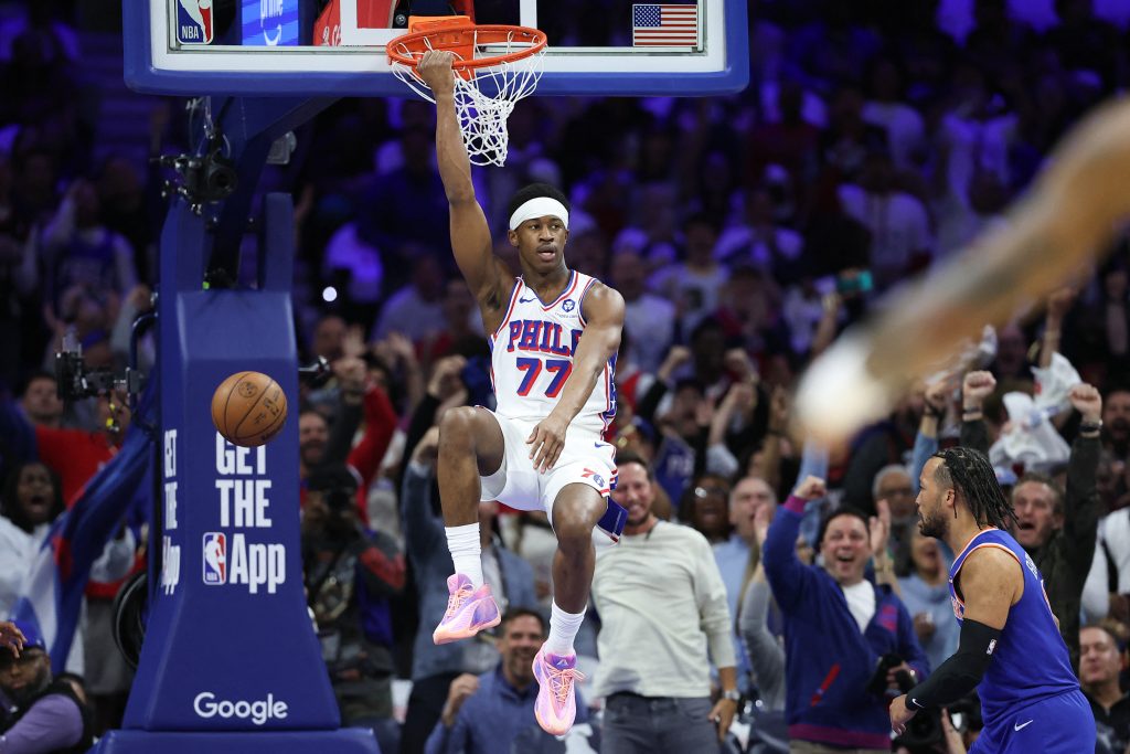 May 8, 2026; Philadelphia, Pennsylvania, USA; Philadelphia 76ers guard Vj Edgecombe (77) dunks the ball against the New York Knicks during the first quarter of game three of the second round of the 2026 NBA Playoffs at Xfinity Mobile Arena.