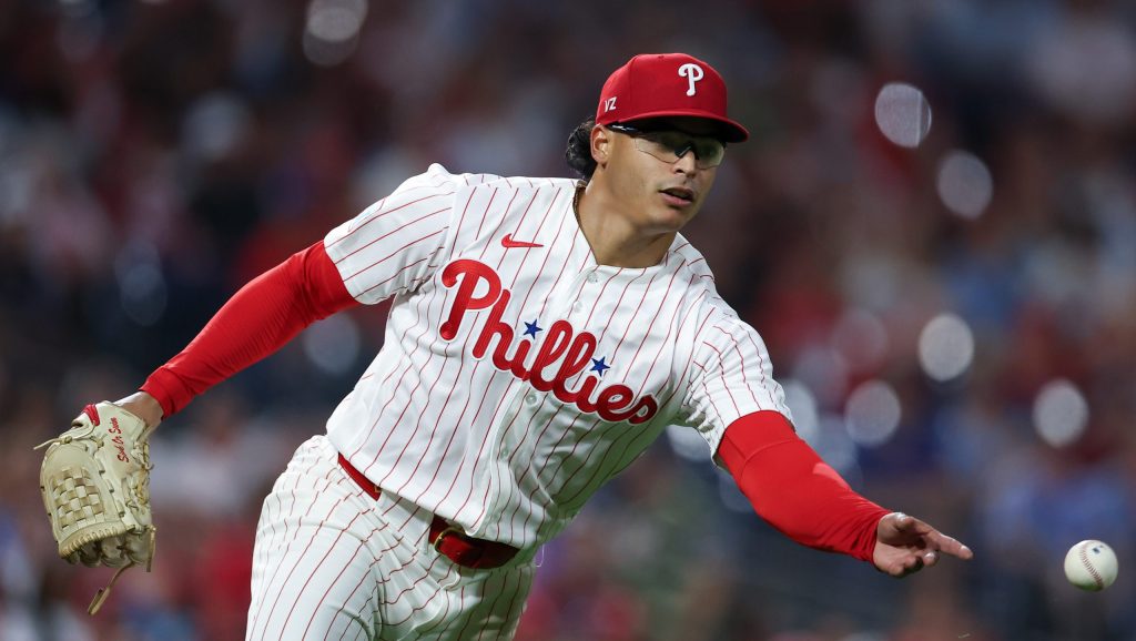 Aug 4, 2026; Philadelphia, Pennsylvania, USA; Philadelphia Phillies pitcher Jesus Luzardo (44) tosses the ball to first for an out against the Washington Nationals during the eighth inning at Citizens Bank Park.