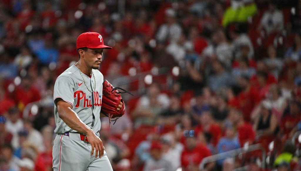 Aug 11, 2026; St. Louis, Missouri, USA; Philadelphia Phillies pitcher Alex McFarlane (71) walks off the field after the seventh inning against the St. Louis Cardinals at Busch Stadium.