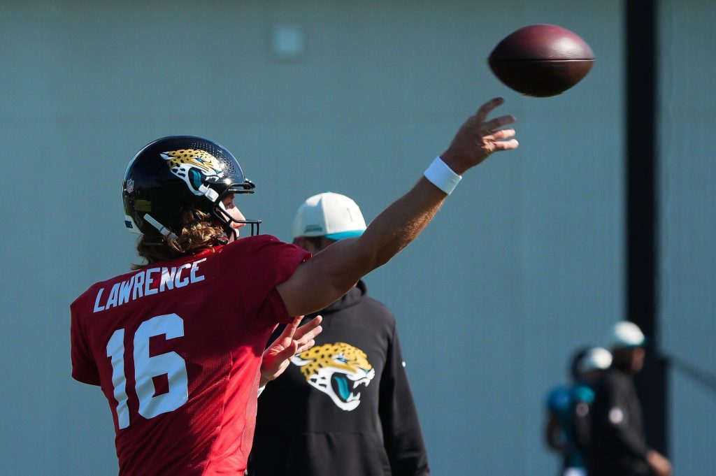 Jacksonville Jaguars quarterback Trevor Lawrence (16) passes during a joint practice with the Carolina Panthers on the 16th session of NFL training camp at the Miller Electric Center on Wednesday, Aug. 19, 2026, in Jacksonville, Fla.