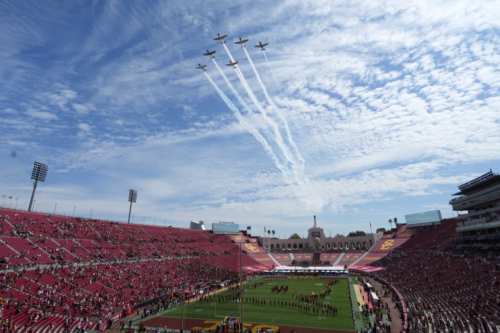 Aug 29, 2026; Los Angeles, California, USA; A general overall view of Tiger Squadron flyover during the playing of the national anthem before the game between the Southern California Trojans and the San Jose State Spartans United Airlines Field at Los Angeles Memorial Coliseum.