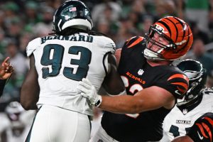 Aug 28, 2026; Philadelphia, Pennsylvania, USA; Cincinnati Bengals offensive tackle Brian Parker II (62) blocks Philadelphia Eagles defensive tackle Uar Bernard (93) at Lincoln Financial Field.