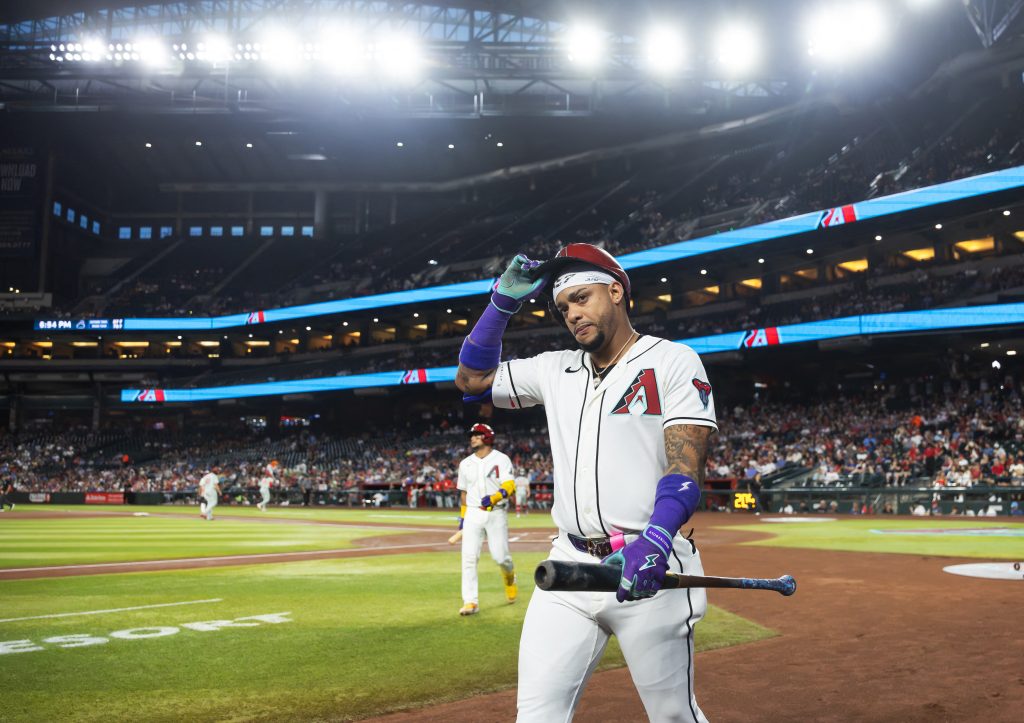 Aug 31, 2026; Phoenix, Arizona, USA; Arizona Diamondbacks designated hitter Ketel Marte reacts in the first inning against the Philadelphia Phillies at Chase Field.