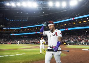Aug 31, 2026; Phoenix, Arizona, USA; Arizona Diamondbacks designated hitter Ketel Marte reacts in the first inning against the Philadelphia Phillies at Chase Field.