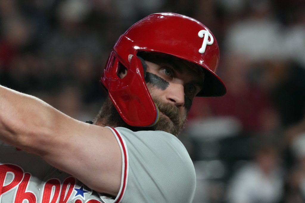 Sep 1, 2026; Phoenix, Arizona, USA; Philadelphia Phillies first baseman Bryce Harper (3) gets ready to bat against the Arizona Diamondbacks in the first inning at Chase Field.