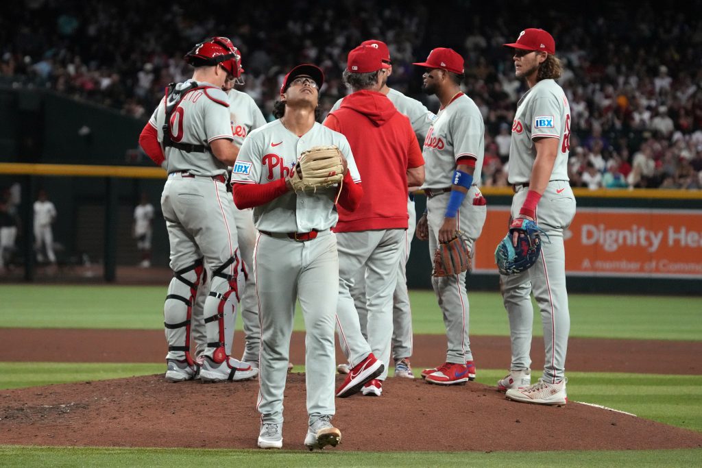 Sep 1, 2026; Phoenix, Arizona, USA; Philadelphia Phillies pitcher Jesus Luzardo (44) leaves the game against the Arizona Diamondbacks in the seventh inning at Chase Field.