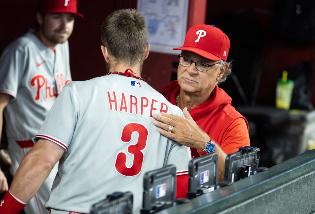 Sep 2, 2026; Phoenix, Arizona, USA; Philadelphia Phillies manager Don Mattingly greets outfielder Bryce Harper prior to the game against the Arizona Diamondbacks at Chase Field.