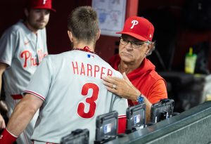 Sep 2, 2026; Phoenix, Arizona, USA; Philadelphia Phillies manager Don Mattingly greets outfielder Bryce Harper prior to the game against the Arizona Diamondbacks at Chase Field.