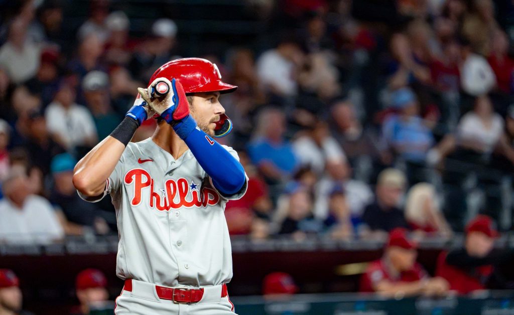 Philadelphia Phillies shortstop Trea Turner (7) at bat against the Arizona Diamondbacks at Chase Field in Phoenix on Sept. 2, 2026.