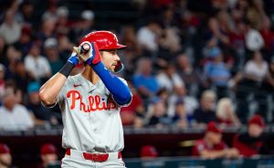 Philadelphia Phillies shortstop Trea Turner (7) at bat against the Arizona Diamondbacks at Chase Field in Phoenix on Sept. 2, 2026.