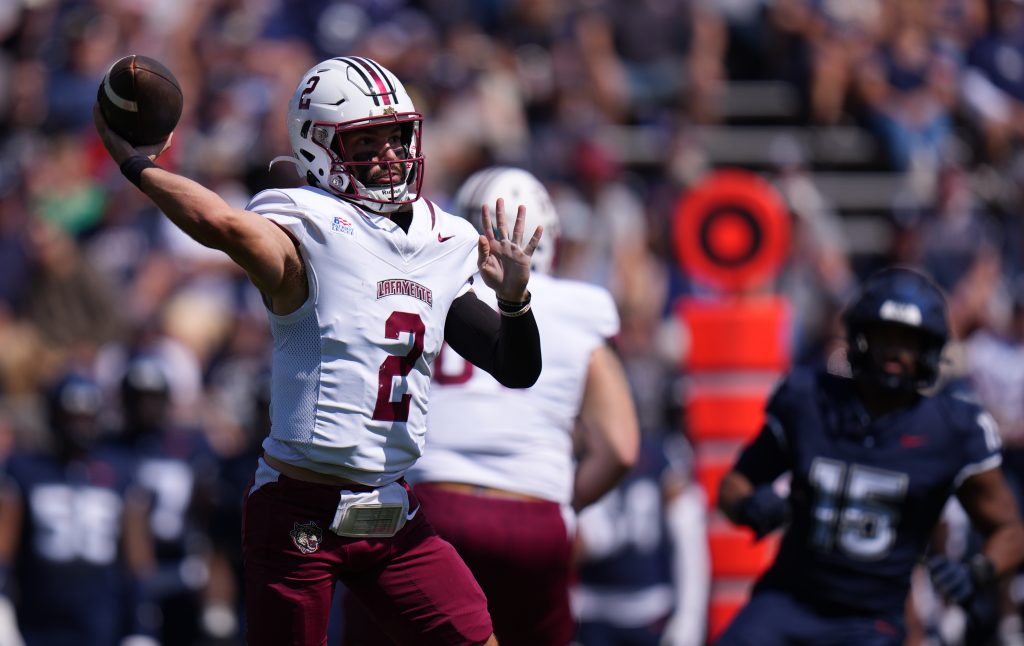 Sep 5, 2026; East Hartford, Connecticut, USA; Lafayette Leopards quarterback Daniel Lipovski (2) throws a pass against the UConn Huskies in the first quarter at Pratt & Whitney Stadium at Rentschler Field.