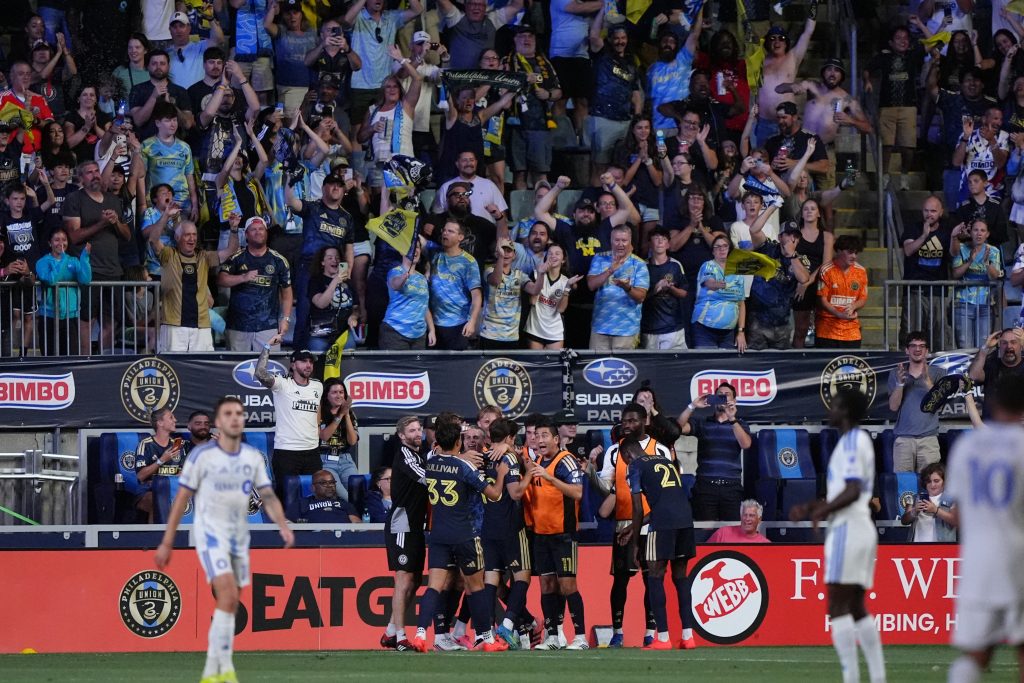 Sep 5, 2026; Chester, Pennsylvania, USA; Philadelphia Union midfielder Cavan Sullivan (6) celebrates with teammates after scoring a goal against CF Montreal in the second half at Subaru Park.
