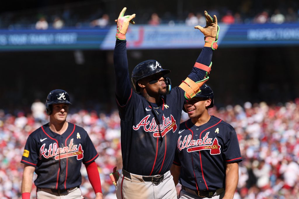 Sep 6, 2026; Philadelphia, Pennsylvania, USA; Atlanta Braves right fielder Ronald Acuna Jr. (13) reacts after hitting a three RBI home run against the Philadelphia Phillies during the eighth inning at Citizens Bank Park.
